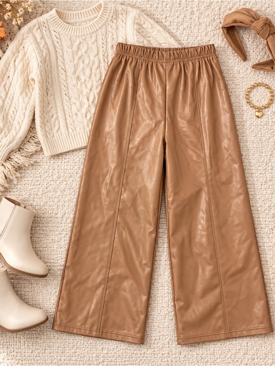 Tahari Other - Tahari Girl Size 10 Camel Faux Leather Wide Leg Pull On Pants